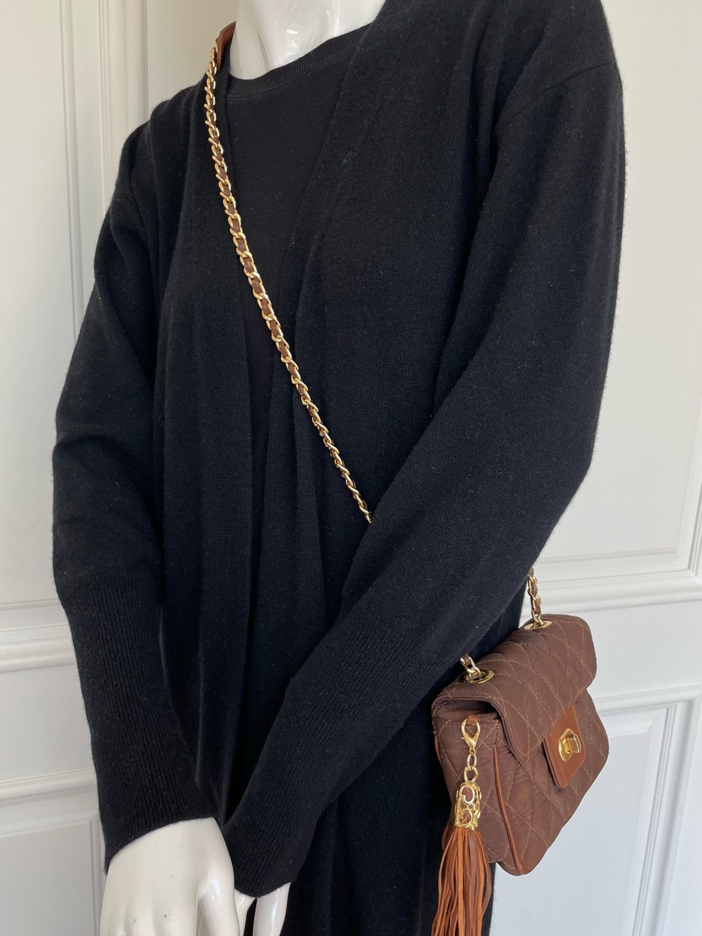Quilted Brown Crossbody Bag Leather Interior Gold Chain Tassel Turn Lock